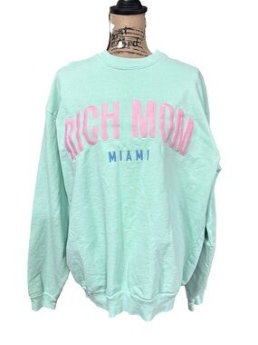 Rich Mom Miami Sweatshirt Women’s Large Pullover Mint Green Embroidered